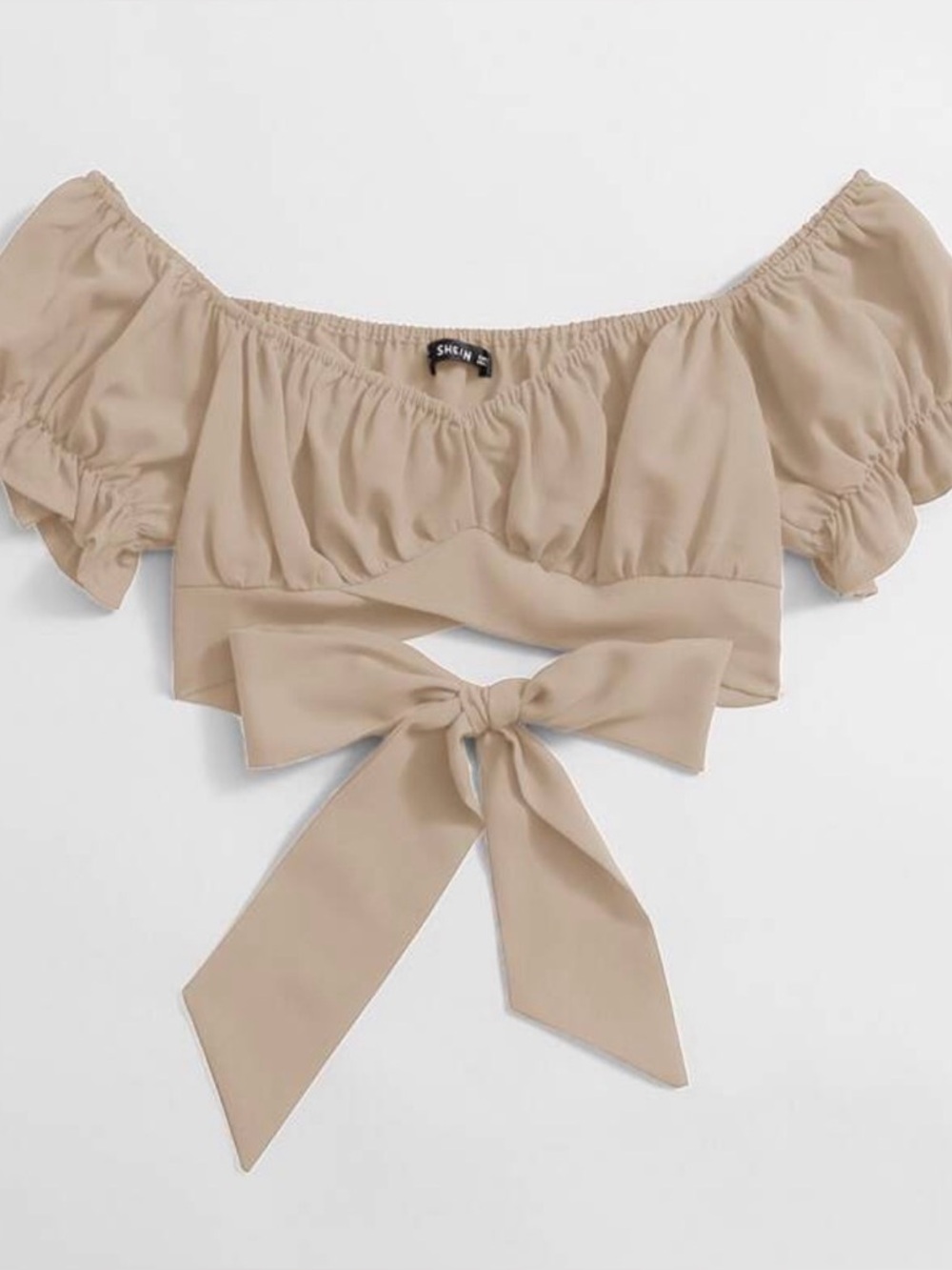 NWOT Tan Off-Shoulder Crop Top with Wrap Ties